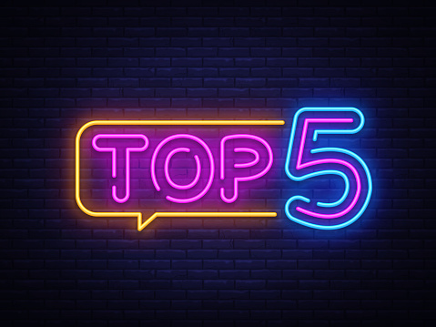 Top 5 Neon Text Vector. Top Five neon sign, design template, modern trend design, night neon signboard, night bright advertising, light banner, light art. Vector illustration.